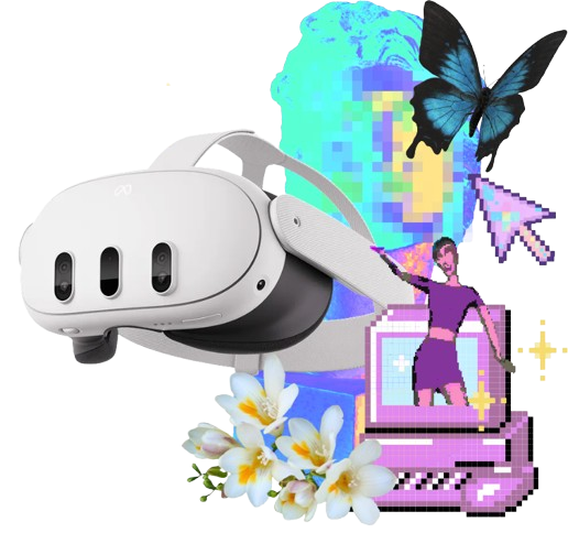 Cyber collage with VR headset, glitched classical bust, pixel art, butterfly, and flowers